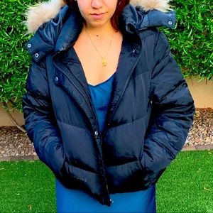 Black Puffer Jacket with Real Raccoon Fur and Down and Feather Filling